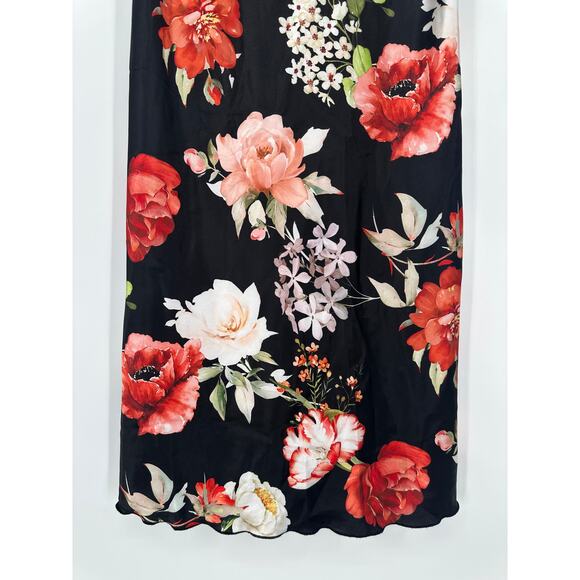 Bebe Satin Midi Slip Dress Floral Print Draped Cowl Neck Spaghetti Strap Black - Picture 4 of 10
